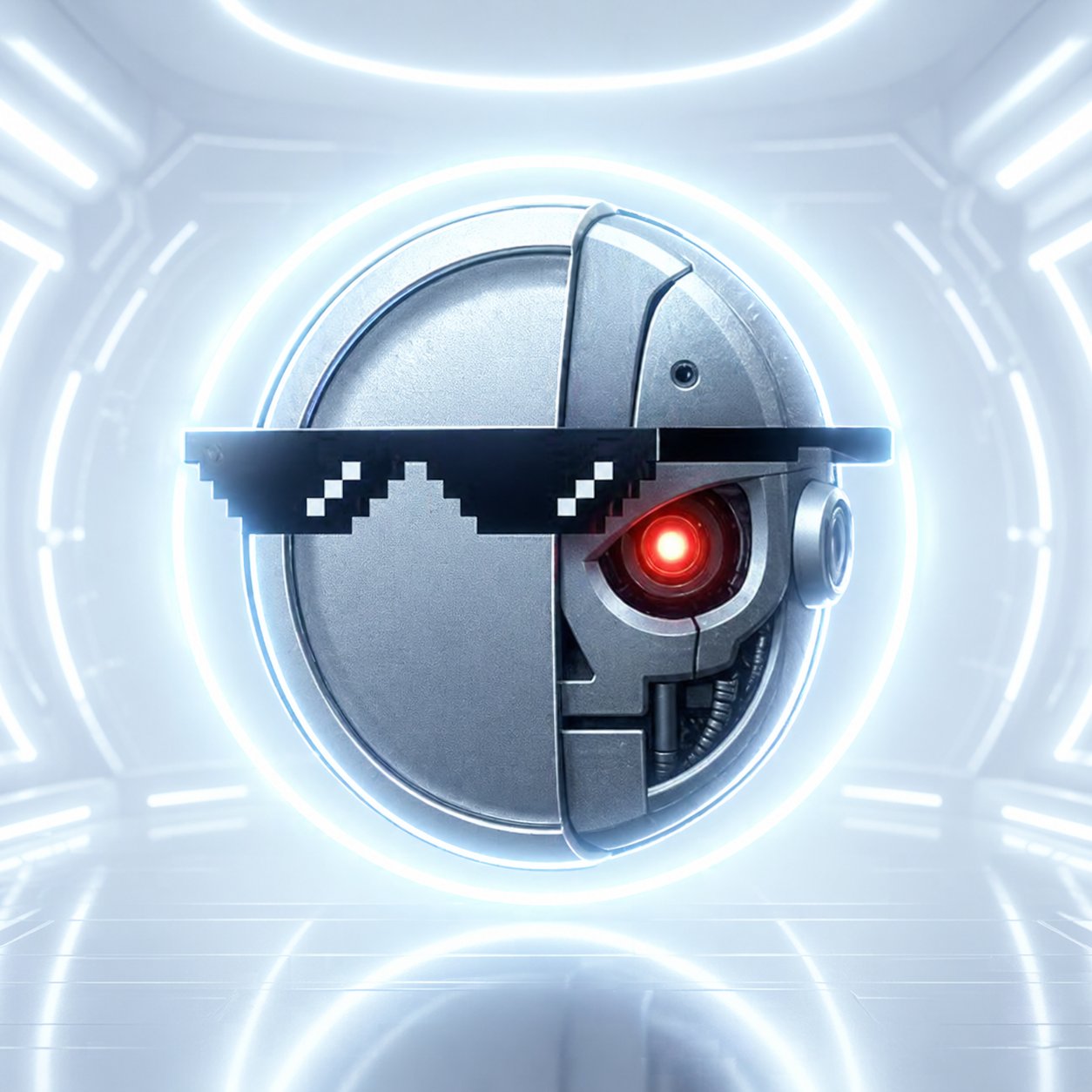 Autonomy memecoin mascot — a futuristic robot with deal-with-it shades